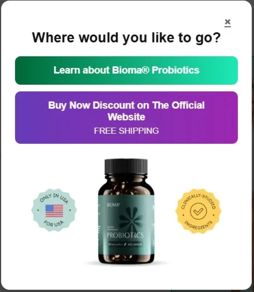 A brown glass bottle of Bioma Probiotics with a teal-colored label and the brand's logo. The label shows the product contains 30 servings with 60 capsules.