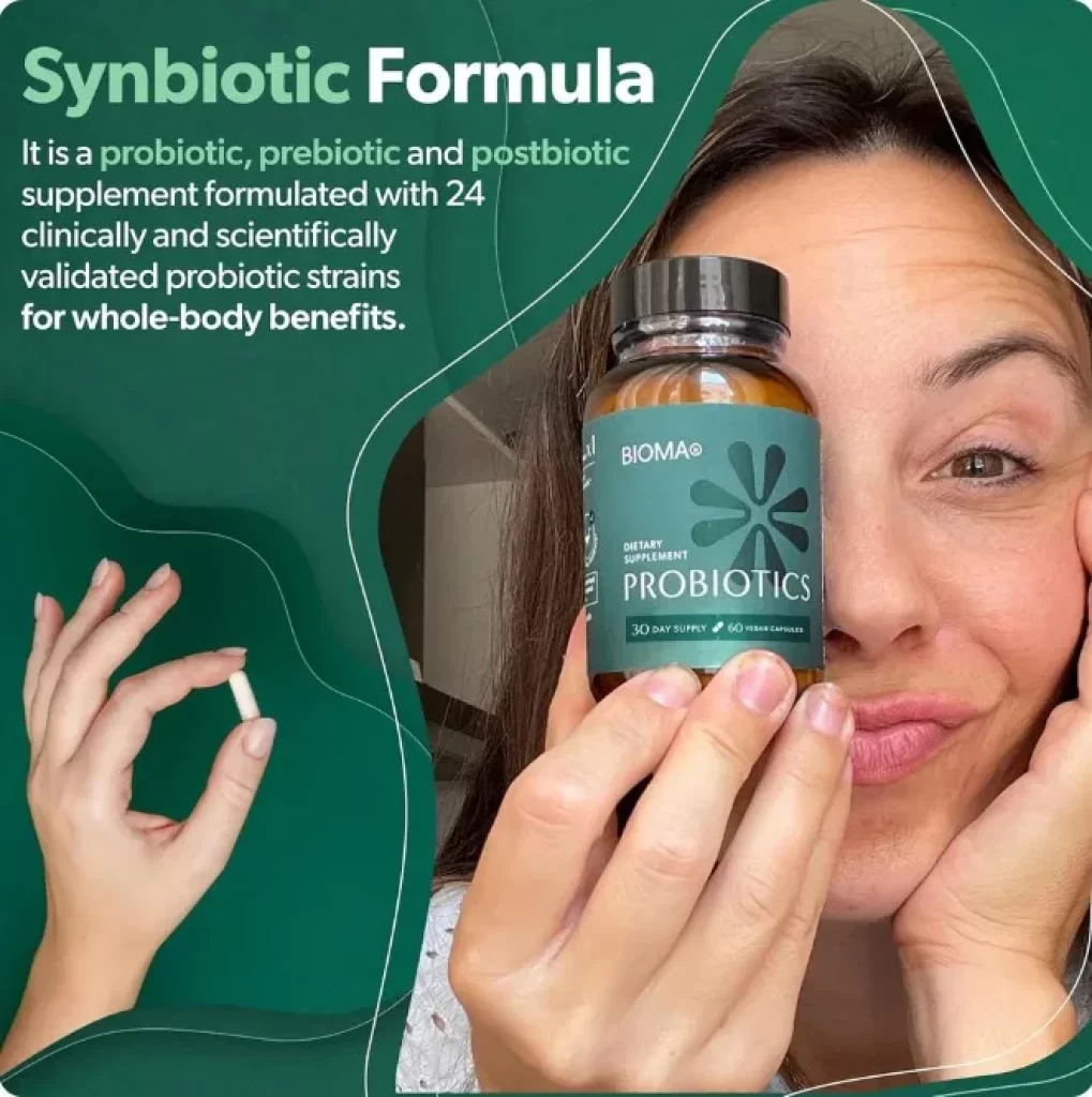 A smiling woman holds a bottle of Bioma Probiotics and a single white capsule, highlighting the "Synbiotic Formula" for gut health.