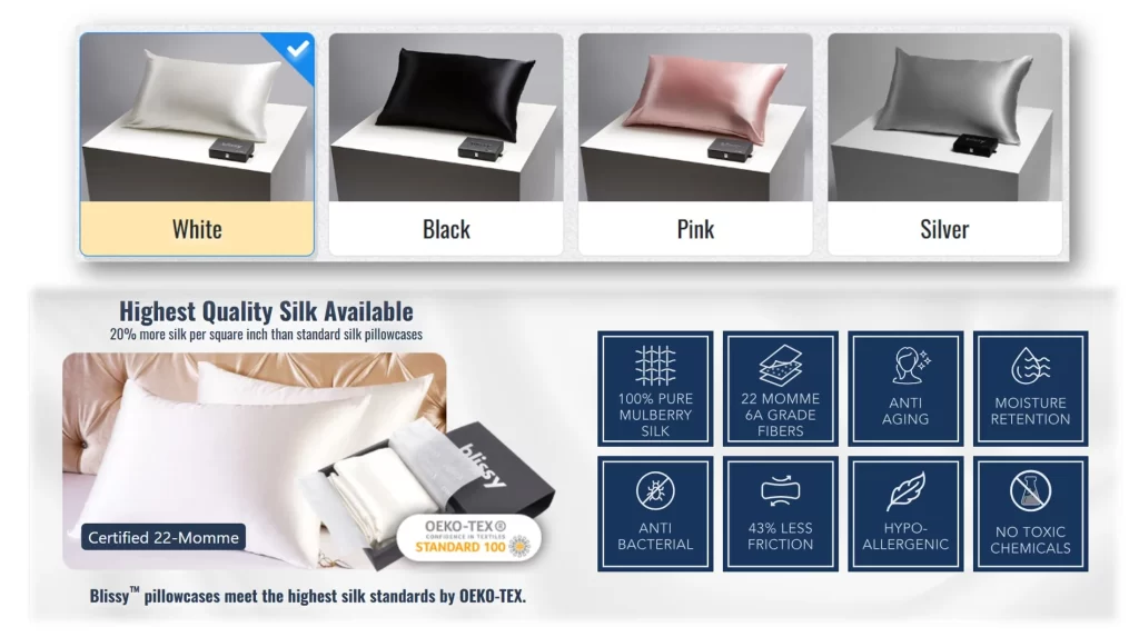 Special offer for Blissy silk pillows in Canada, featuring a 55% discount, free shipping on all orders, and a free $30 Blissy gift card.