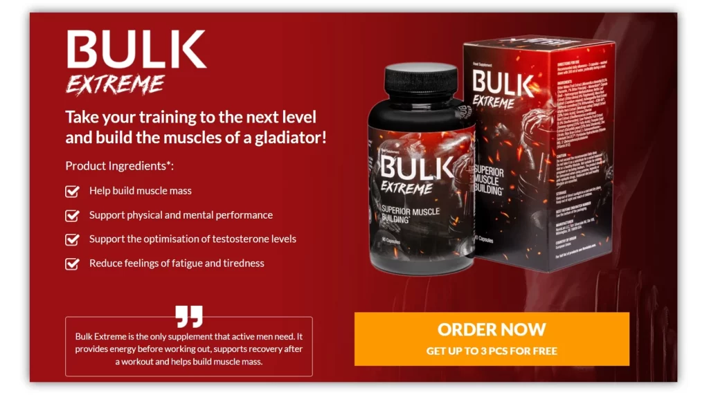 Bulk Extreme supplement marketing graphic for muscle gain.