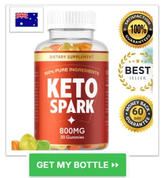 KETO SPARK Gummies dietary supplement bottle with an Australian flag, 100% satisfaction and money-back guarantee seals.