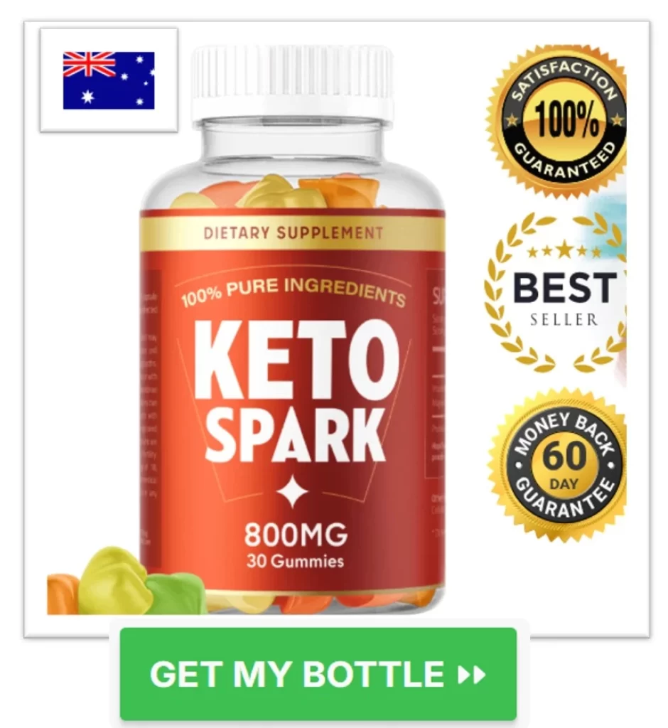 KETO SPARK Gummies dietary supplement bottle with an Australian flag, 100% satisfaction and money-back guarantee seals.