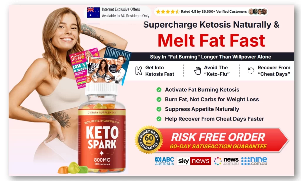 Woman smiling holding a bottle of KETO SPARK Gummies, with text about supercharging ketosis and melting fat fast. This image is for Australian residents.