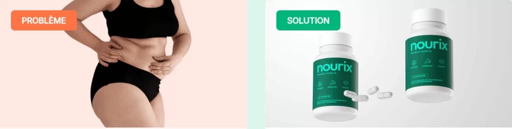 Website banner for Nourix weight loss supplement with the French text "Atteignez vos objectifs minceur plus facilement que jamais!" and a call-to-action button.