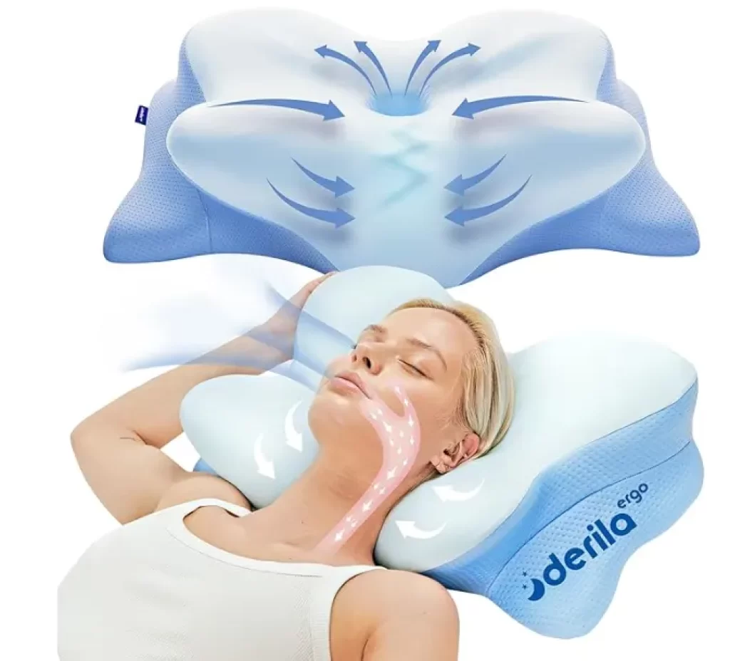 Woman sleeping on Derila Ergo Pillow with airflow design for better breathing