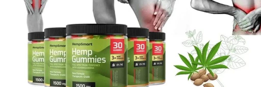Smart Hemp Gummies for natural pain relief, with 1500mg full spectrum hemp extract and Ashwagandha.