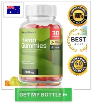 Smart Hemp Gummies bottle with Australian flag, 100% satisfaction guaranteed seal, and "Get My Bottle" button.