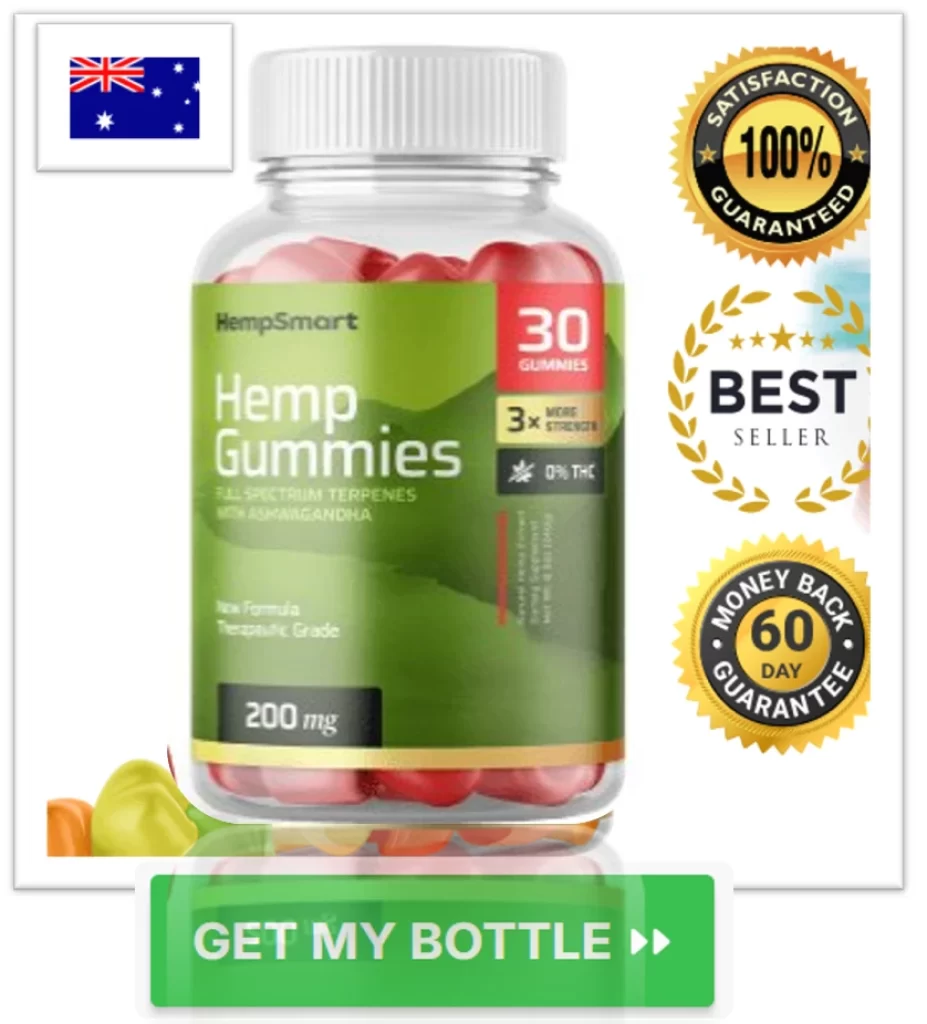 Smart Hemp Gummies bottle with Australian flag, 100% satisfaction guaranteed seal, and "Get My Bottle" button.