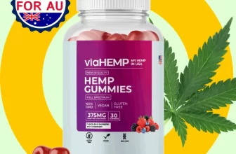 A close-up product shot of a bottle of Via HEMP Gummies, featuring a hemp leaf and a badge that says "MADE IN THE USA FOR AU."