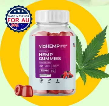 A close-up product shot of a bottle of Via HEMP Gummies, featuring a hemp leaf and a badge that says "MADE IN THE USA FOR AU."