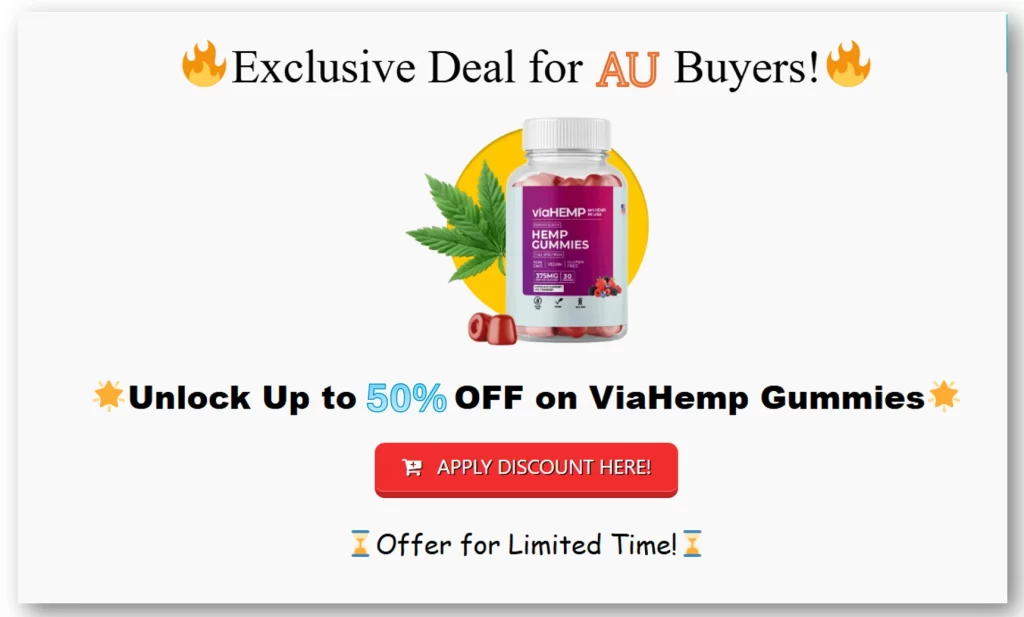 A close-up of a Via HEMP Gummies AU product bottle, showing the label and several colorful, fruit-shaped gummies scattered around the base. The text on the label highlights the product's focus on natural wellness, calm, and sleep support.