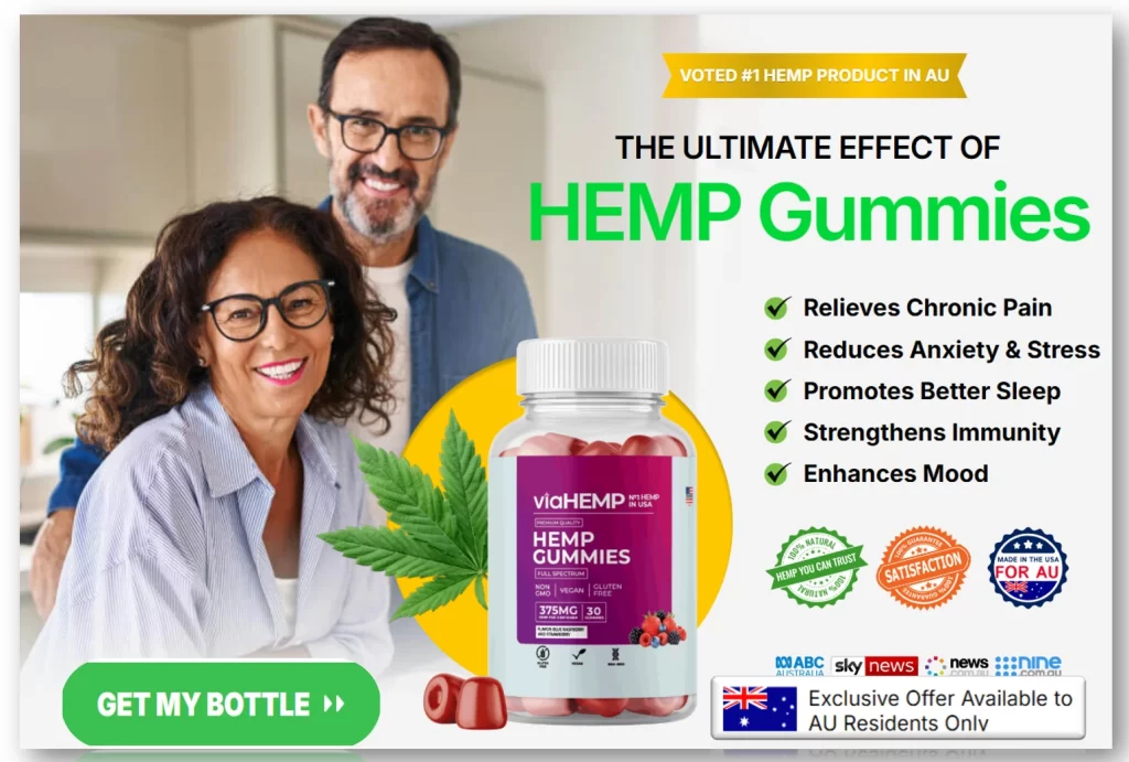 Via HEMP Gummies, featuring a smiling couple and a bottle of the gummies. The text highlights benefits like relieving chronic pain, reducing anxiety, and promoting better sleep, along with an "Exclusive Offer Available to AU Residents Only.
