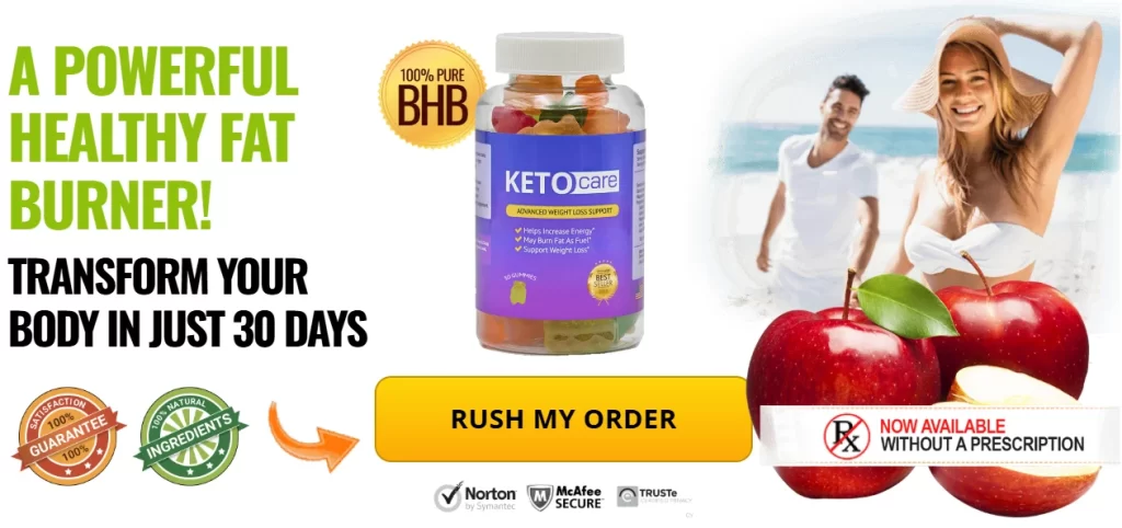 KetoCare BHB gummies weight loss supplement bottle with 100% pure BHB formula for fat burning and energy boost
